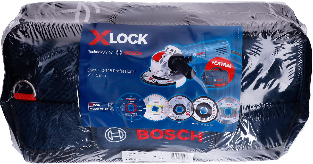 Bosch Accessories, Professional X-LOCK Paquete de sistema Kit universal y Miniamoladora GWX 750-115 X-LOCK, para Multi Material, Metal, Cerámica, Ø 115 mm, Accesorio Amoladoras Angulares
