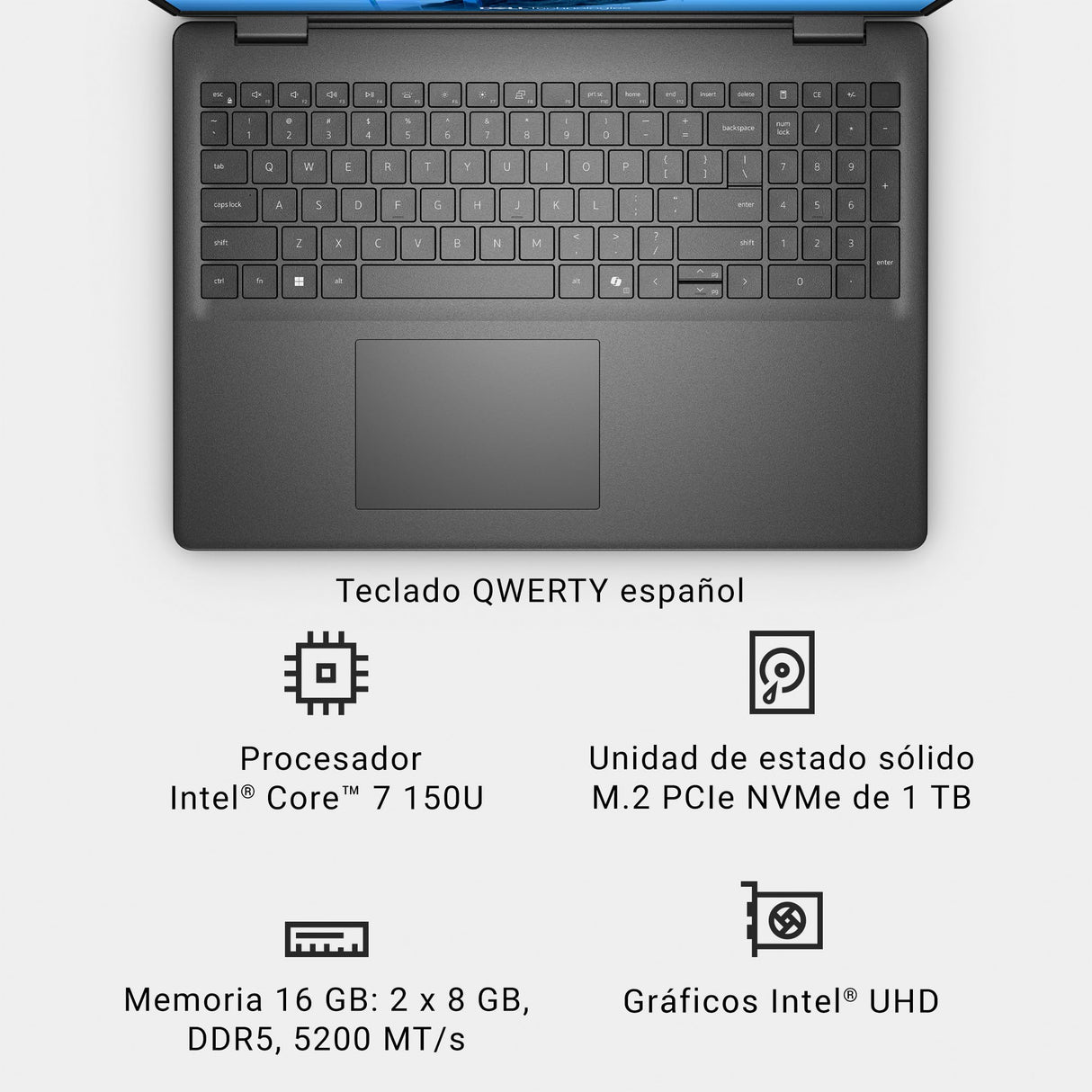 DELL 16 Ordenador Portátil DC16250, Intel Core 7 150U, 16" 2K, 16 GB RAM