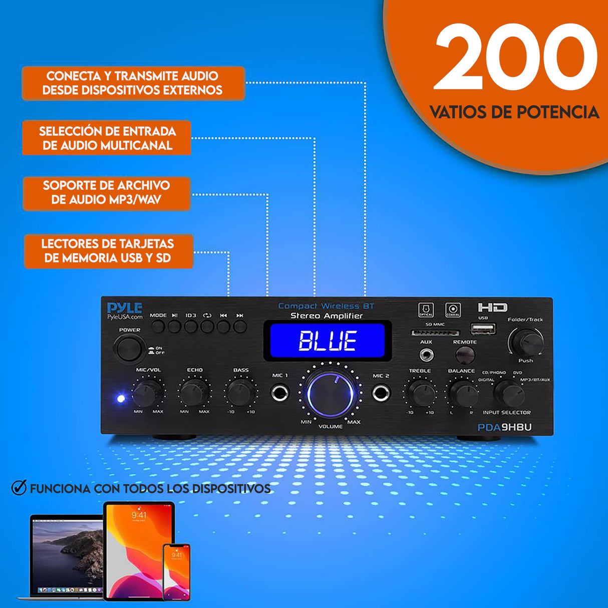 Pyle Amplificador de Sonido, 200W, Bluetooth, Inalambrico, Estereo, para el hogar, Control Remoto, Sistema con HDMI/Optico/Fono/Coaxial, Radio FM, USB/SD, AUX, RCA