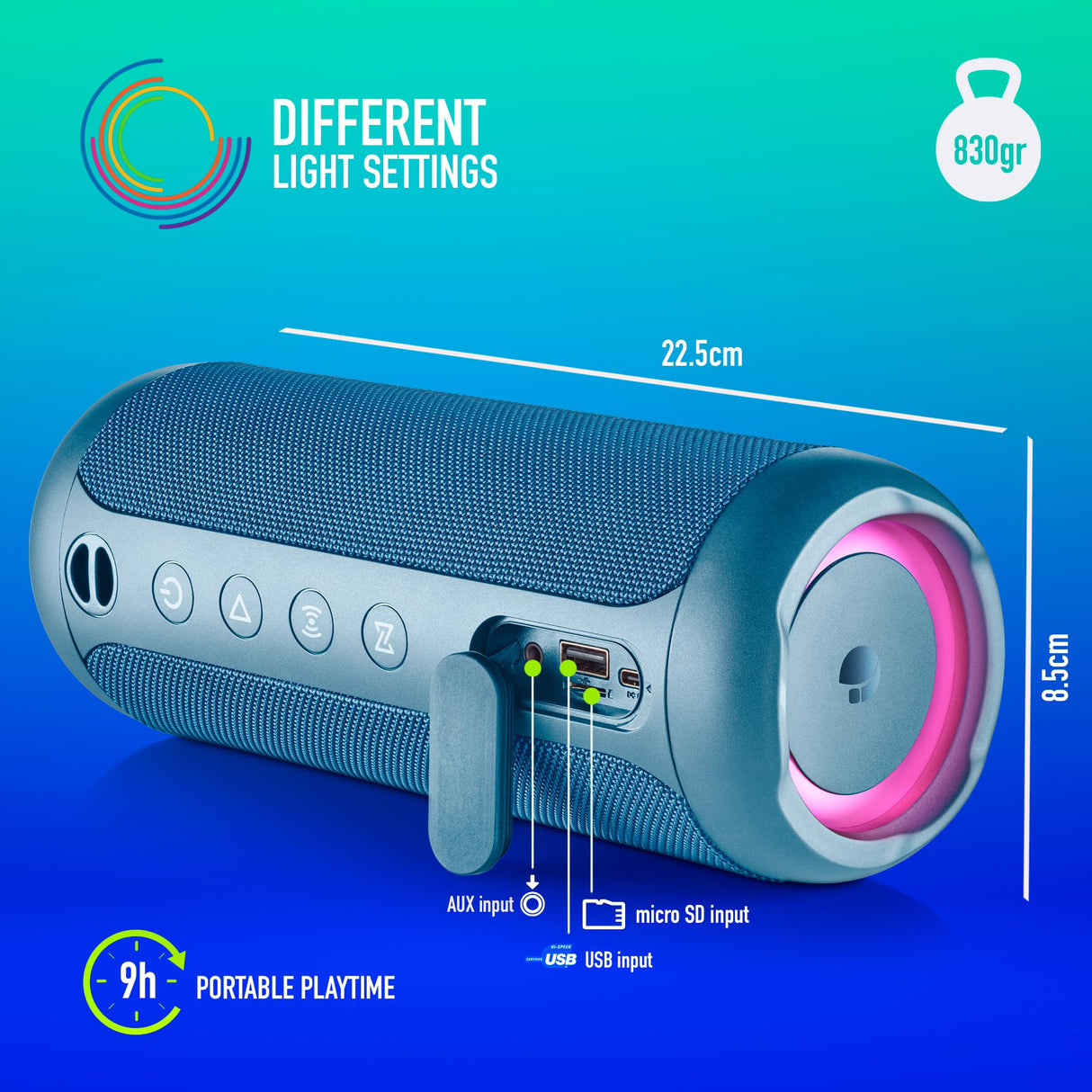 NGS Roller Furia 3 Blue - Altavoz Inalámbrico Compatible con Bluetooth, Impermeabilidad IPX7, 60 W, True Wireless, USB, Duración Batería 9 Horas, Azul …