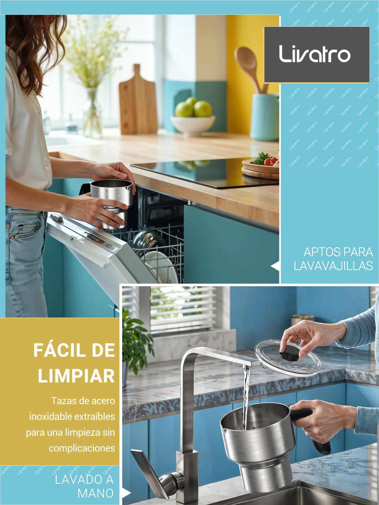 Livatro Espumador De Leche Eléctrico Con Doble Taza 600ml & 400ml, Espumador Leche Eléctrico Que No Quema La Leche, Lavavajillas,Acero Inoxidable,Para Leche Caliente Y Fría,Chocolate Y Comida De Bebé