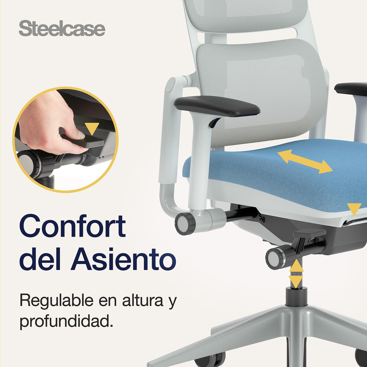 Steelcase Please Air, silla de oficina ergonómica con respaldo alto de malla regulable en altura y brazos regulables Cobalto/Gris gaviota