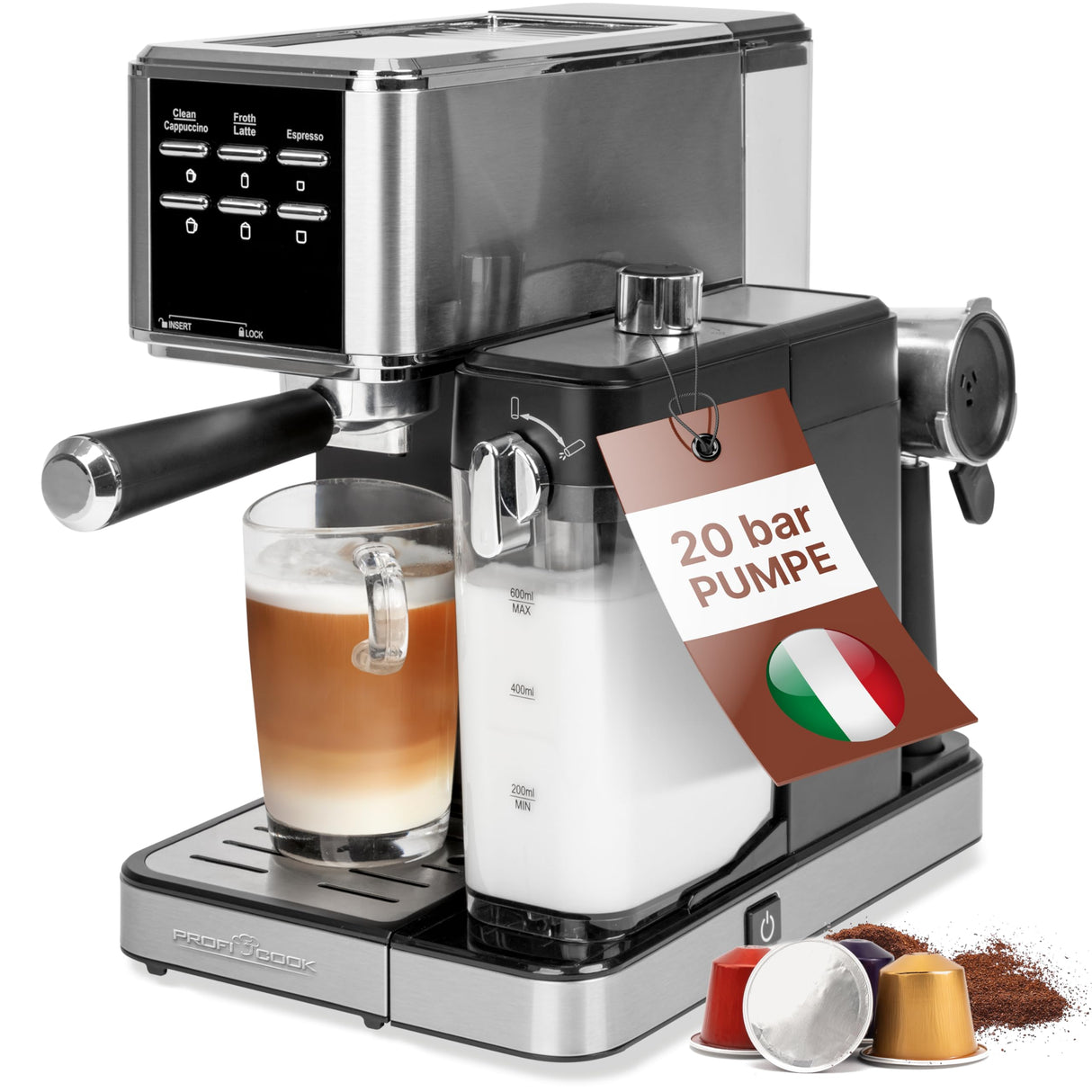 ProfiCook® cafetera espresso 2en1 para café en polvo y cápsulas compatibles Nespresso - máquina portafiltro 20 bar - con sistema de leche para latte y cappuccino- portafiltro para espresso- PC-ES 1266