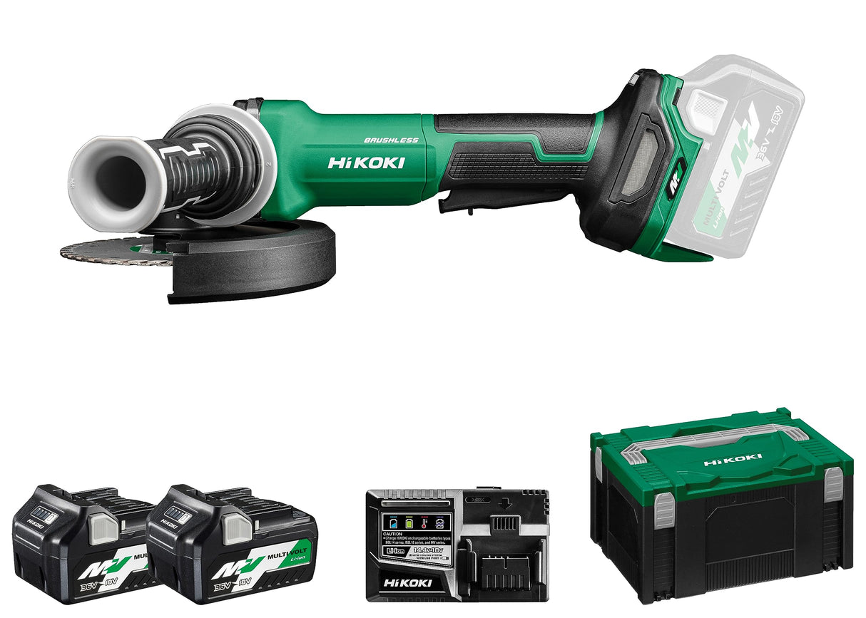 HIKOKI Akku Winkelschleifer G3615DVF (36V, 1x2,5 Ah Li-ion Akku, Schleifscheiben Ø:150 mm, Antriebsspindel:M14, Brushless Motor, Leerlaufdrehzahl:3200-8000 min-1,) Zubehör komplett im HSCIII Koffer