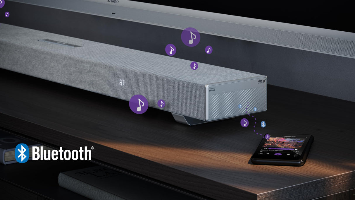 SHARP HT-SBW53121(SL) Soundbar 3.1.2 Dolby Atmos/DTS:X, subwoofer inalámbrico, barra de sonido elegante y potente con altavoces que emiten hacia arriba, sonido envolvente 3D. P. Maxima 550w color Gris