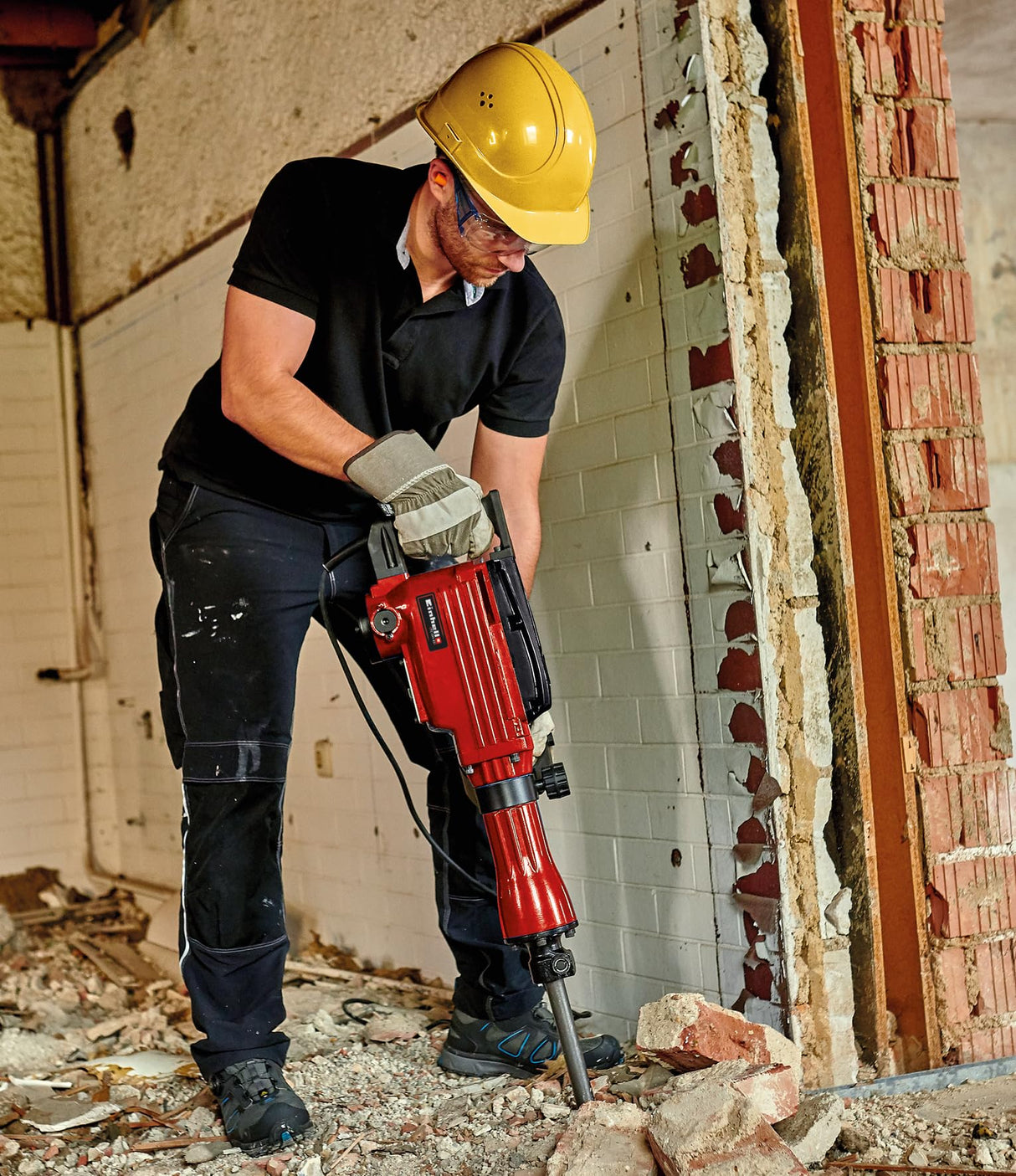 Einhell Martillo demoledor con cable - TC-DH 43. 1600 W, potencia de impacto 43 J, mandril hexagonal SDS, mango adicional ajustable en 180°, incl. Cincel puntiagudo y plano. Rojo