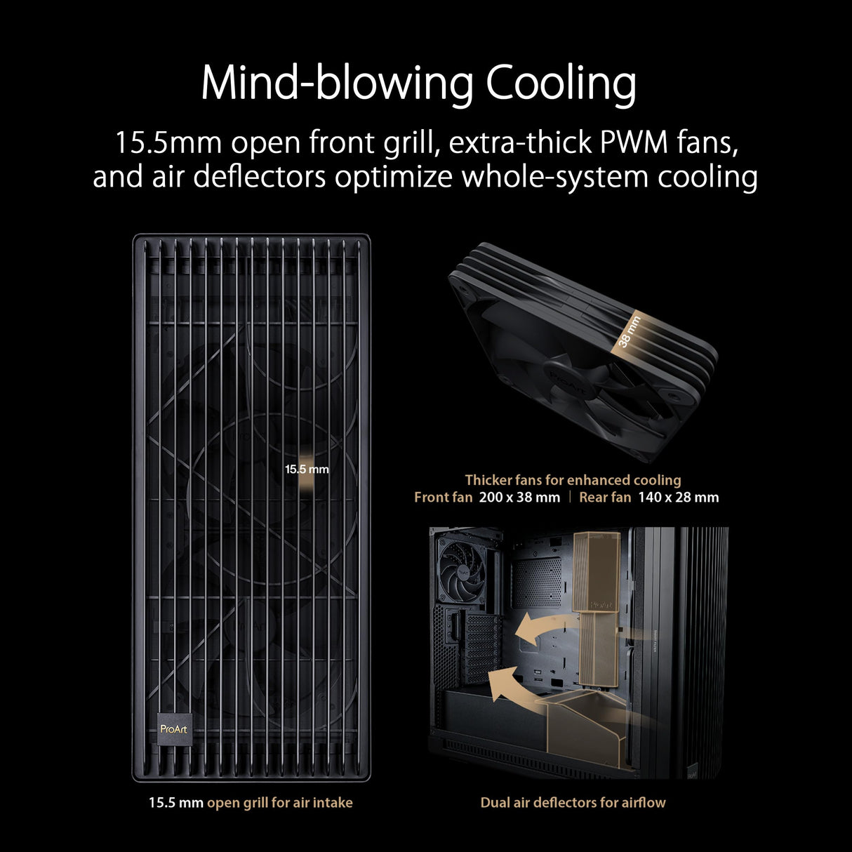 ASUS ProArt PA602 - Chasis para Ordenador E-ATX (Soporte para radiador de 420 mm, Ventiladores 140 mm y 200 mm, indicador de Polvo IR, Bloqueo de alimentación, PCIe sin Herramientas, USB de 20 Gbps)