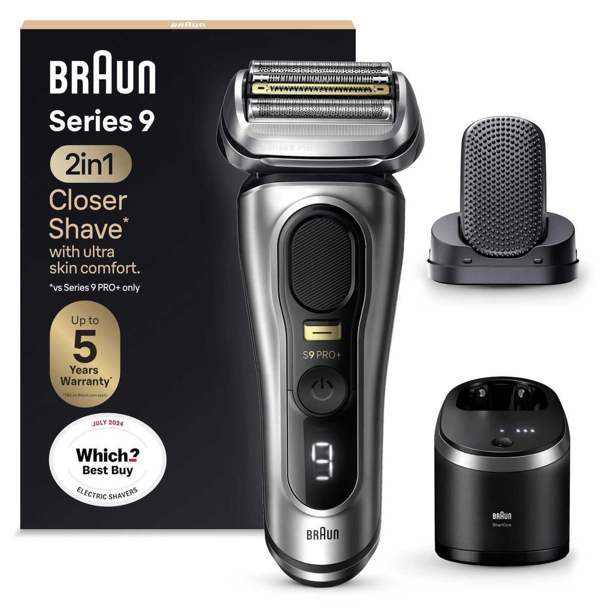 Braun Series 9 Pro+ Afeitadora Eléctrica Hombre, Máquina de Afeitar Barba, Cabezal ProComfort, Centro De Limpieza SmartCare, En Seco Y En Mojado, 9597cc, Plata