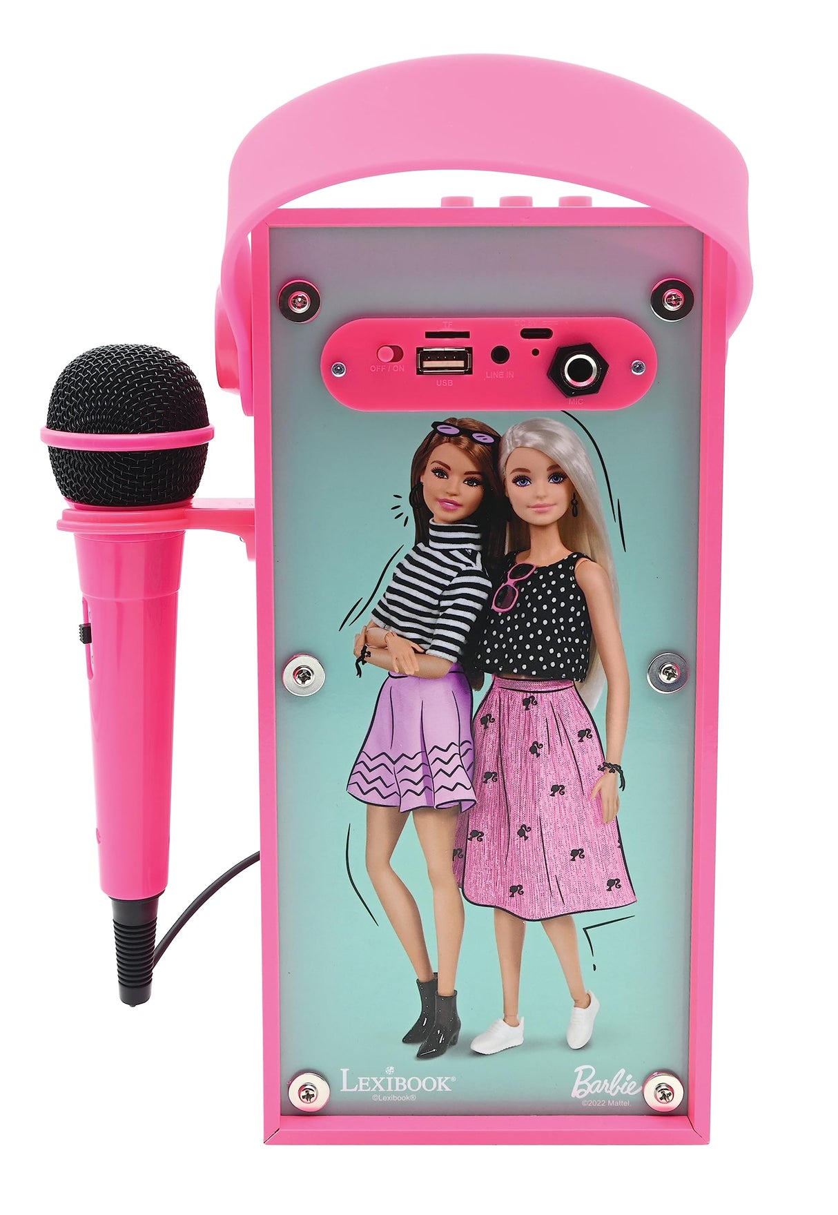 LEXIBOOK, Barbie, Altavoz Luminoso Bluetooth portátil con micrófono, Karaoke, Efectos de luz, inalámbrico, USB, Tarjeta SD, batería Recargable, Rosa, BTP180BBZ