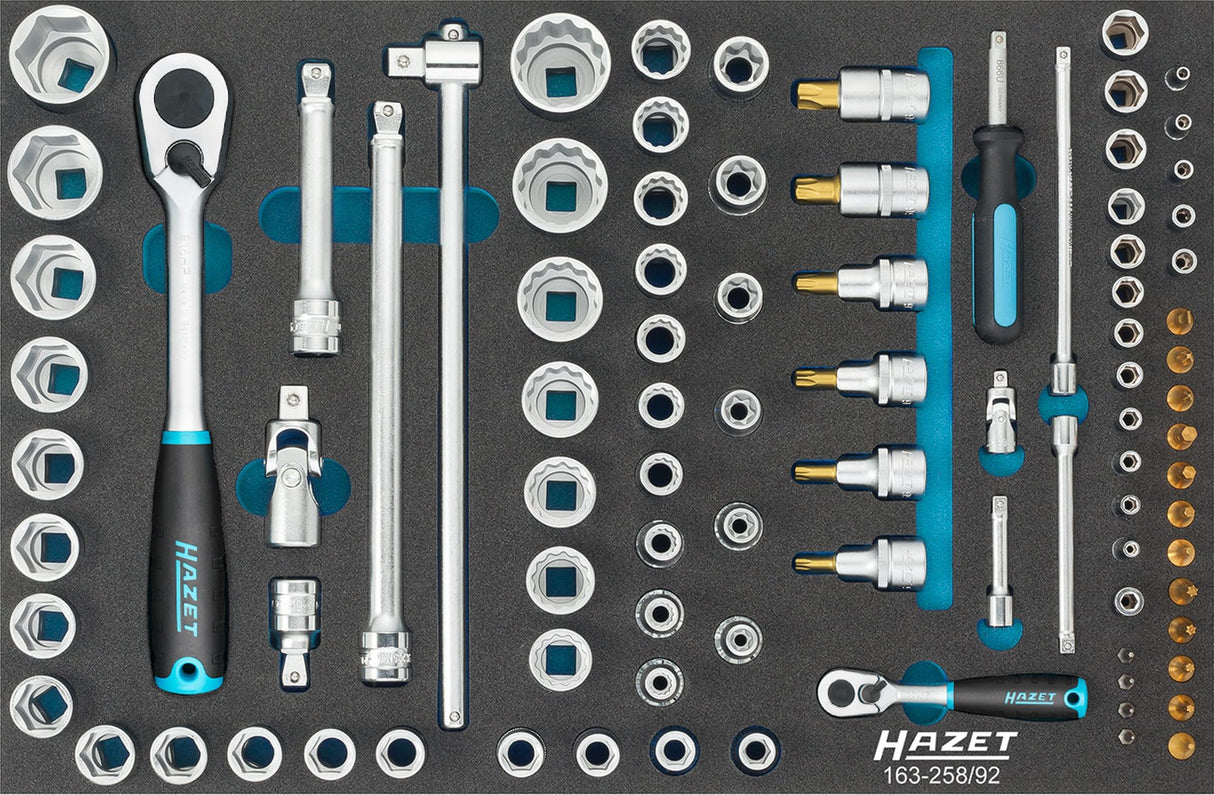 HAZET Juego de llaves de vaso 163-258/92 I Juego de 92 piezas I para perfil TORX interior y exterior I sistema de organización perfecto I para una amplia gama de aplicaciones