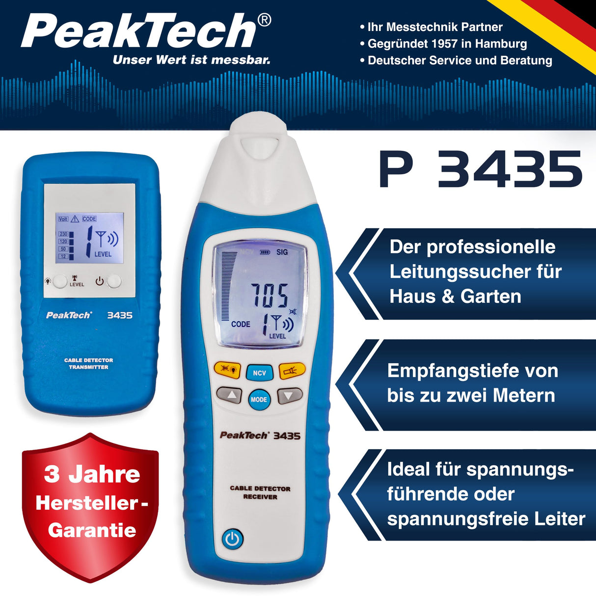 PeakTech 3435 - Localizador de Línea con Transmisor, Receptor para Cortocircuitos, Fusibles, Tuberías Metálicas, Voltímetros, Buscadores de Línea en Paredes, Techos, Pisos, Recepción de Hasta 2 Metros