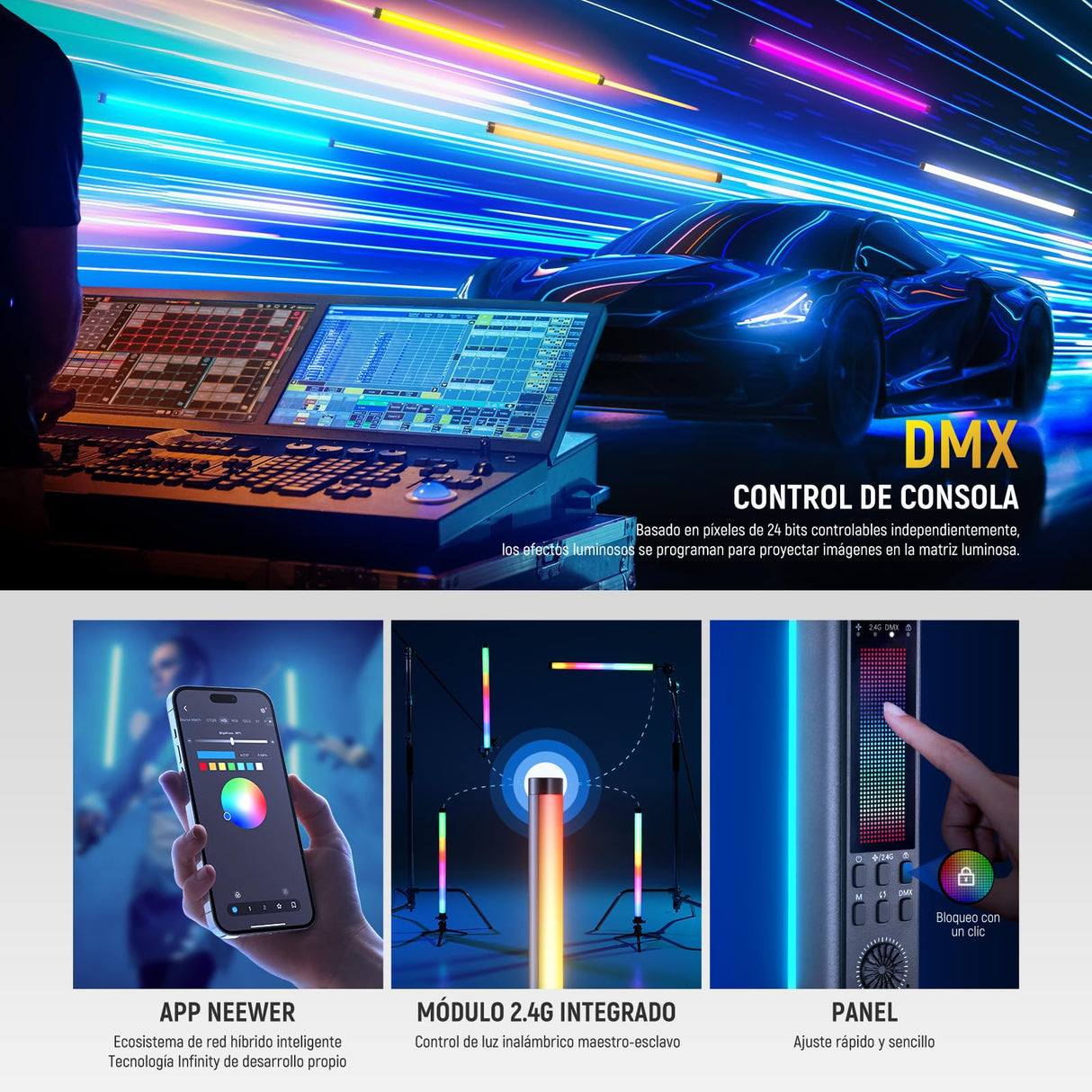 NEEWER RGB Tubo Luz, 30W Luz Video LED RGBWW Varita de Luz a Todo Color con 18 Escenas 7 Píxeles Efectos 2500-10000K CRI97/TLCI98 6000mAh, Control App/2.4G/DMX para Grabación Fotografía, TL90C
