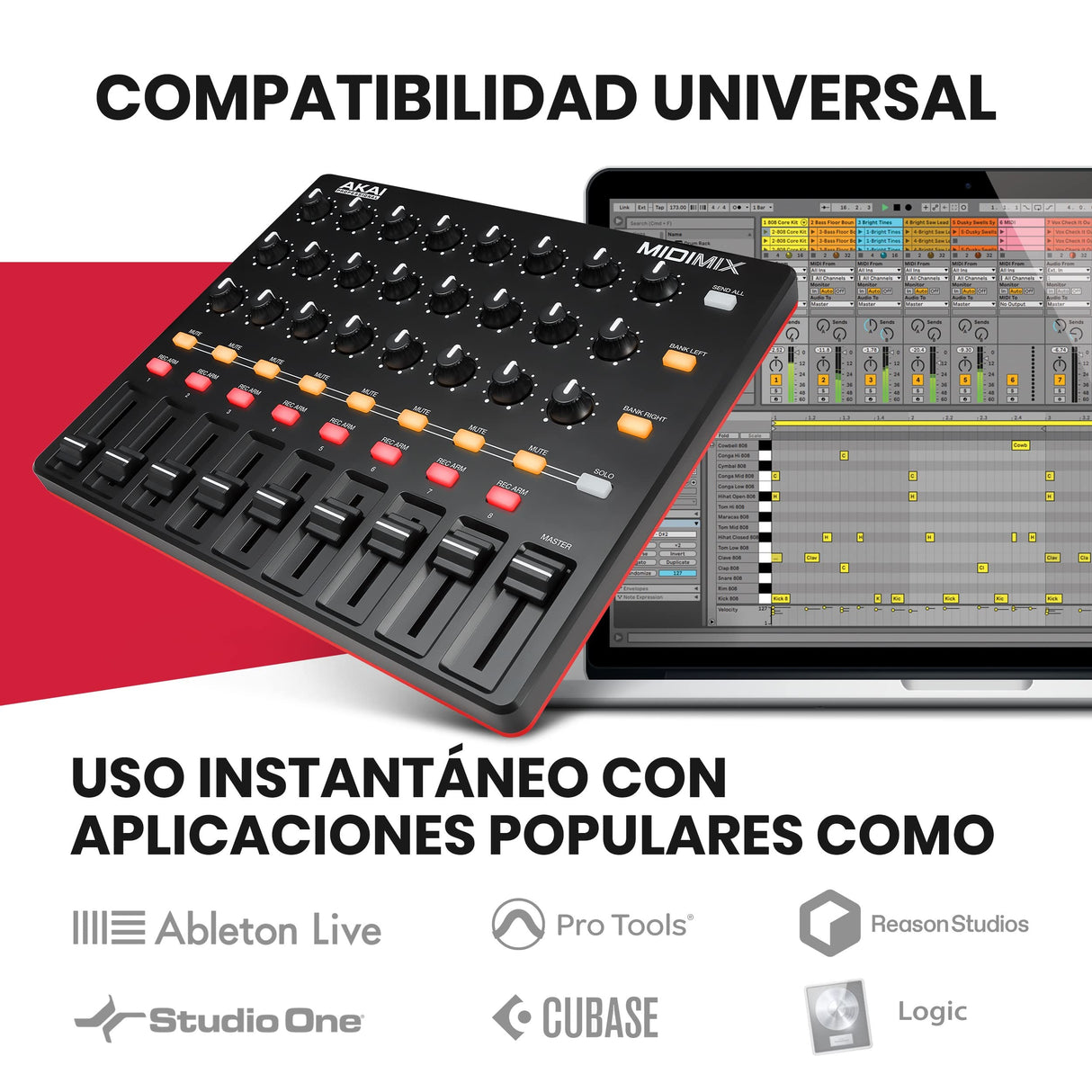 AKAI Professional MIDIMIX - Mezclador de audio, Controlador de DAW MIDI USB, mesa de mezclas con 8 faders, 1 master fader, 24 knobs asignables y mapeo con Ableton Live