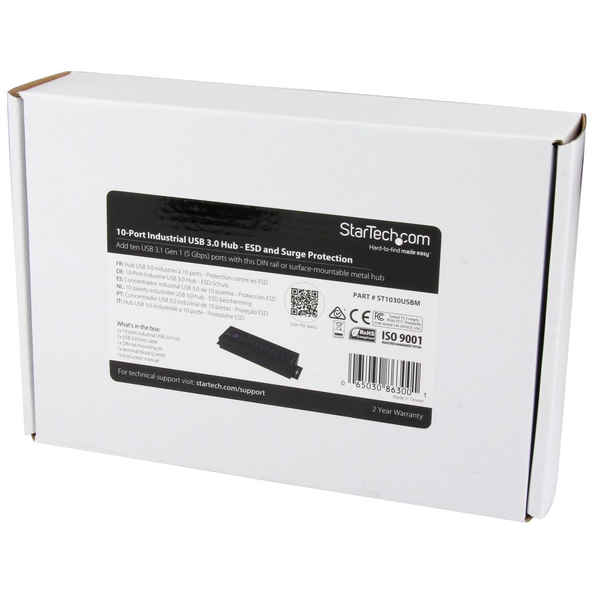 StarTech.com Hub Industrial de 10 Puertos USB 3.0 - Ladrón Concentrador USB-A con Protección Antiestática ESD y Protección de Picos - de Montaje en Carril DIN Pared o Escritorio - Hub TAA (ST1030USBM)