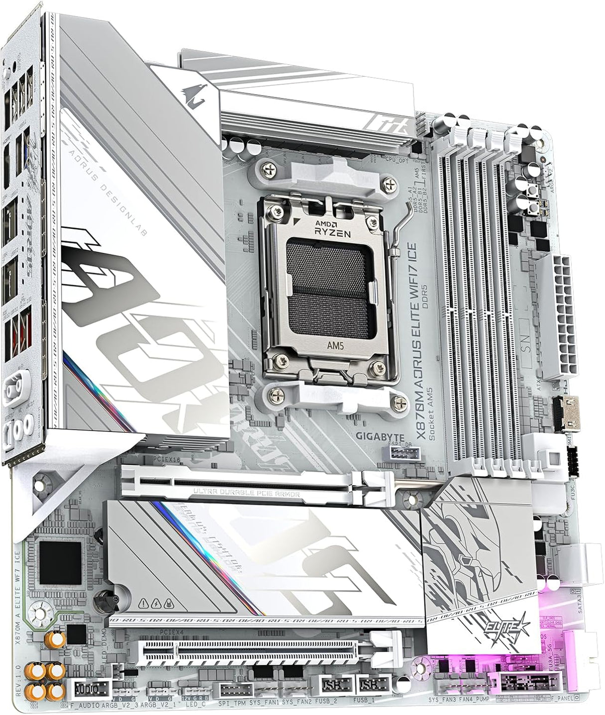 GIGABYTE X870M AORUS Elite WIFI7 Ice Placa Base – Compatible con CPUs AMD Ryzen 9000, VRM Digital de 14+2+2 Fases, hasta 8200 Hz DDR5 (O.C), 1× PCIe 5.0 + 1× PCIe 4.0, Wi-Fi 7, LAN 2.5 GbE, USB 4
