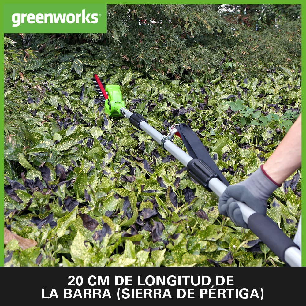 Greenworks G24PSH 2/1 Sierra y Cortasetos Pértiga a Batería con Correa Hombro, Barra Sierra 20 cm, Cortasetos 51 cm y Cuchillas Doble Acción SIN Batería 24 V ni Cargador, 3 Años de Garantía