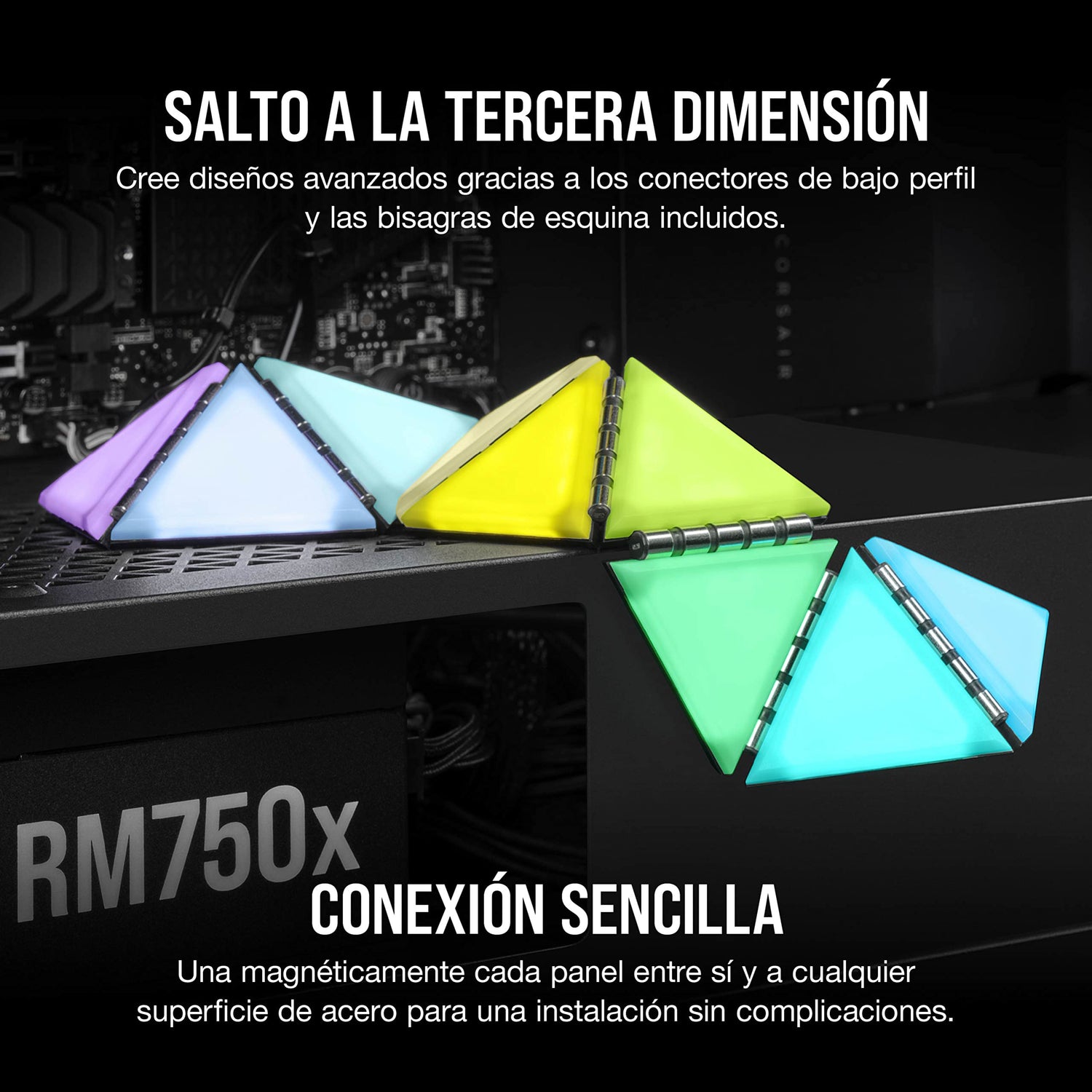 Corsair iCUE LC100 Paneles de iluminación para chasis - Minitriángulos - Kit de inicio de 9 paneles (81 LED con difusión de la luz, Sencillo acoplamiento magnético, iCUE Lighting Node PRO incluido)
