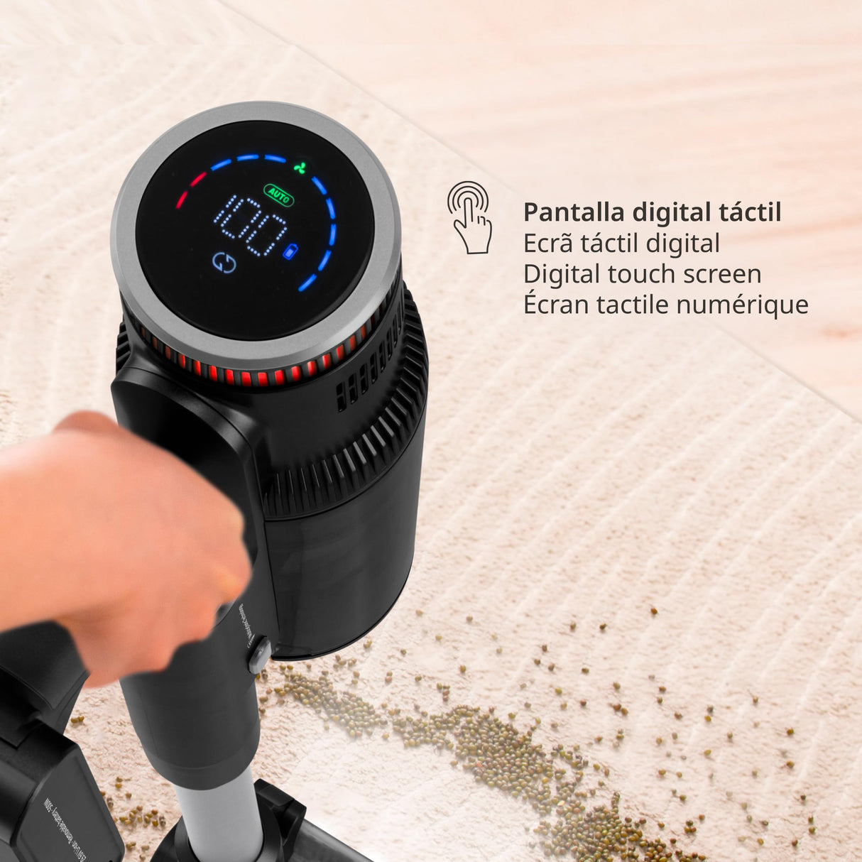 Ufesa U7 Digital Aspirador Escoba sin Cable, 500W, Pantalla Táctil , 29.6V, Autonomía 80 min, Cepillo Multisuperficie con Luz, 4 Modos, 26KPa, Tecnología Multiclónica, Accesorios Suelo/Alfombra/Coche