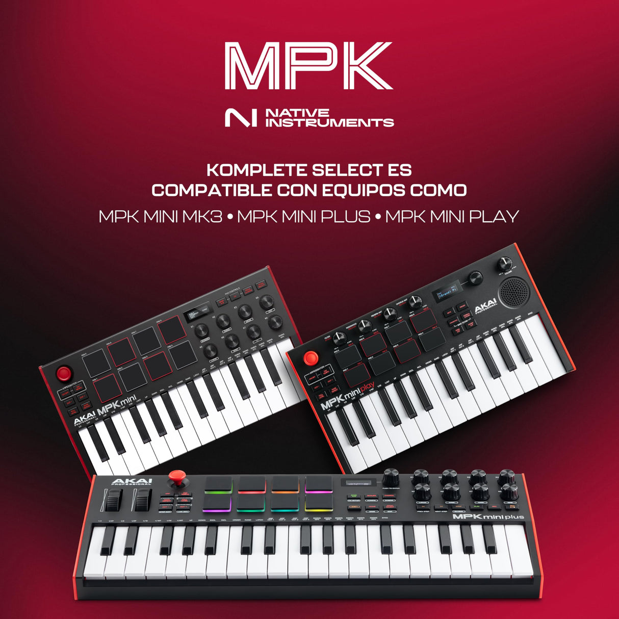 Akai Professional MPK Mini Plus - Teclado Controlador MIDI USB de 37 Mini Teclas con 8 Pads MPC, Secuenciador, MIDI/CV/Gate I/O, Software de Producción y Native Instruments Sound Package