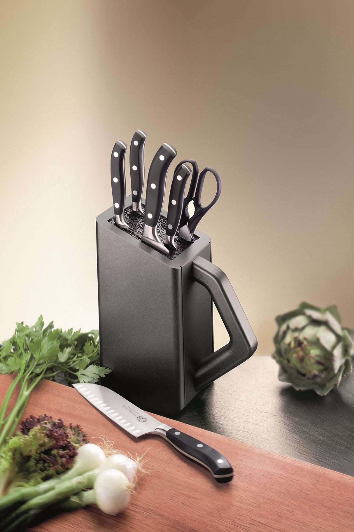 Victorinox Grand Maître Bloque de cuchillos, relleno de 6 piezas con cuchillos forjados, almacenamiento de cuchillos, elegancia, negro
