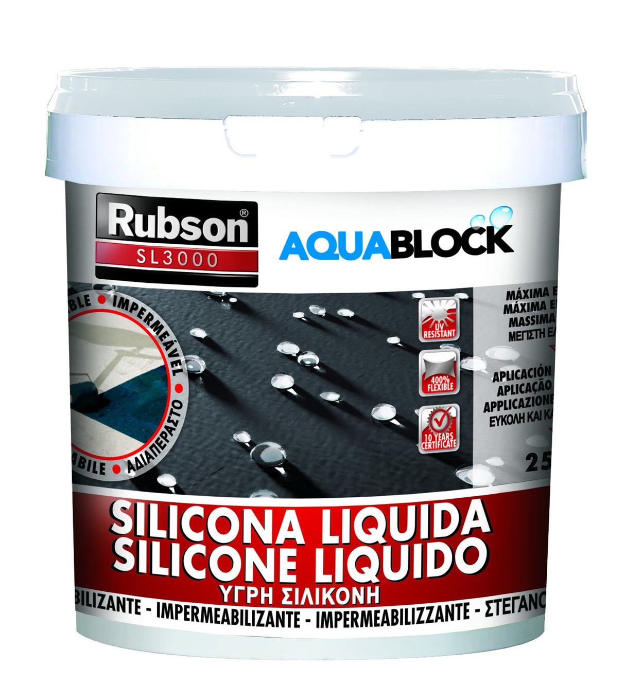 Rubson Aquablock SL3000 Silicona Líquida blanca, impermeabilizante líquido para prevenir y reparar goteras y humedades, silicona elástica con tecnología Silicotec, 1 x 25 kg