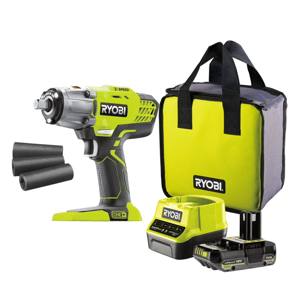RYOBI - Llave de Impacto Eléctrica Sin Cable 18V ONE+ 3 Modos 180/240/400 Nm - Cuadradillo 1/2", Adaptador Hexagonal 1/4", 3 Llaves de Vaso, 1 Batería Li+ 2,0 Ah, Cargador 2,0 A, Bolsa - R18IW3-120S3