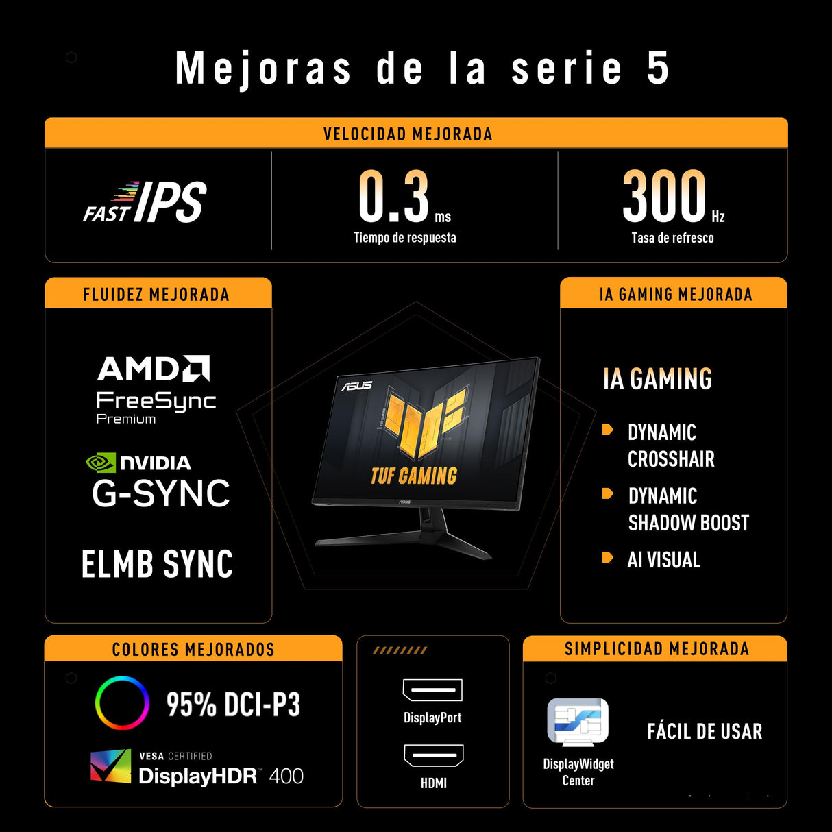 ASUS TUF Gaming VG27AQM5A Monitor Gaming de 27", QHD (2560 x 1440), 300 Hz, Fast IPS, ELMB Sync, 0.3 ms (GTG), Altavoces estéreo, 95% DCI-P3, DisplayWidget Center