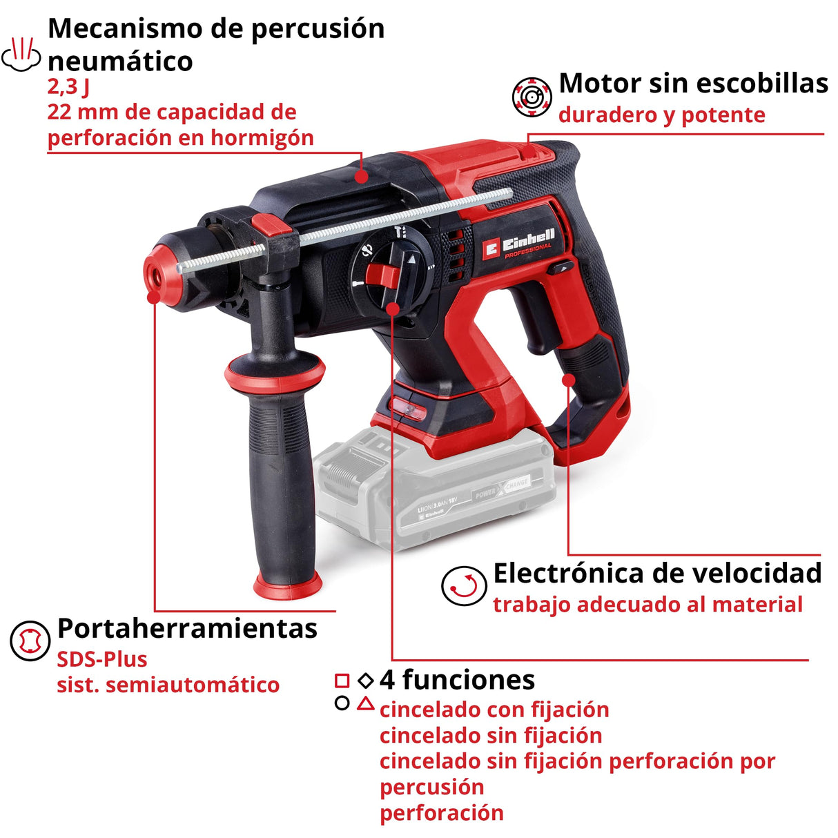 Einhell Professional Martillo perforador con batería TP-HD 18/22 D Li BL-Solo Power X-Change (18 V, sin escobillas, 2,3 J, SDS-plus, potencia en hormigón, empuñadura en D, maletín, sin batería)