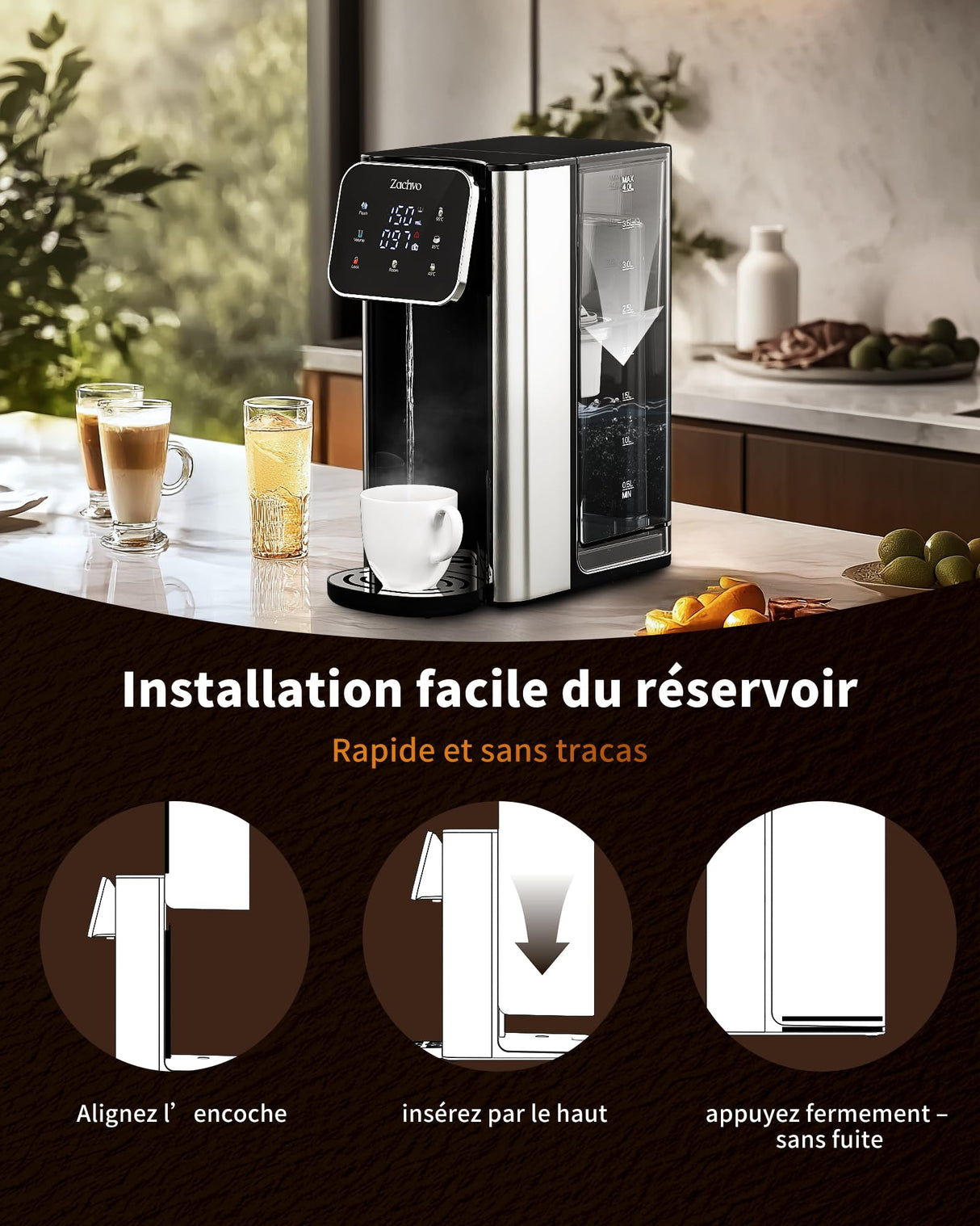 ZACHVO Dispensador de Agua Caliente UR05-2200W Agua Caliente en Segundos, 4 Niveles de Temperatura y 3 Cantidades de Agua, Depósito de 4L, Compacto, Filtro de Carbón Activo, para Cocina y Oficina