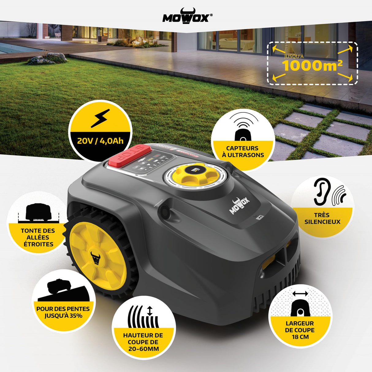 Mowox RM 1000 WIU SN - Robot cortacésped Mowox 20 V/4,0 Ah - 18 cm de Corte - Conectividad WiFi y Bluetooth hasta 30 Metros (1000 m²)