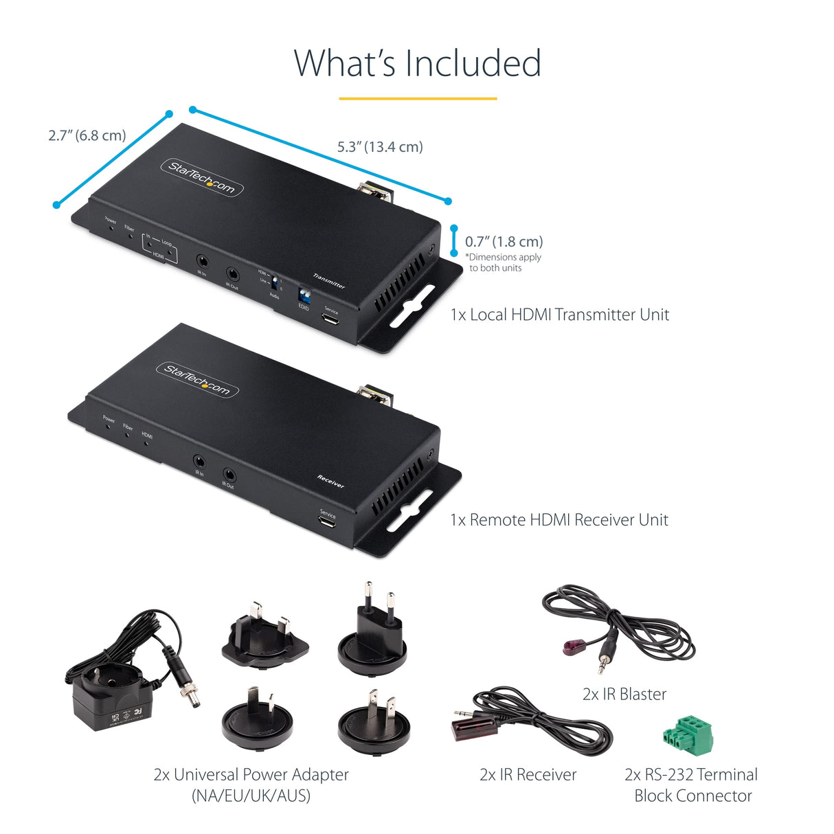StarTech.com Juego Extensor de HDMI 4K por Fibra - 4K a 60Hz hasta 1km (Monomodo) o 330m (Multimodo) - Fibra Óptica LC - HDR - HDCP - Alargador de Audio/RS232/IR - Receptor Transmisor (ST121HD20FXA2)