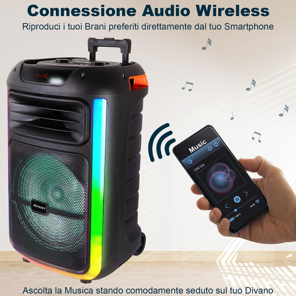 Trevi XFest XF 1400 KB - Altavoz inalámbrico de 100 W, altavoz portátil con micrófono con cable incluido, entradas USB, micro SD, entrada auxiliar y guitarra, función TWS, batería recargable integrada