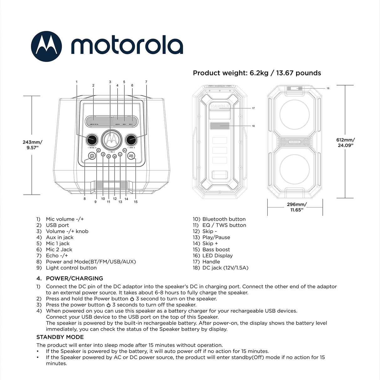 Motorola Sound ROKR820 - Altavoz Bluetooth - 80W - inalámbrico - con luces LED-tecnología true wireless - incluye micrófono de karaoke - hasta 20 horas de reproducción-múltiples entradas: AUX/USB/MIC