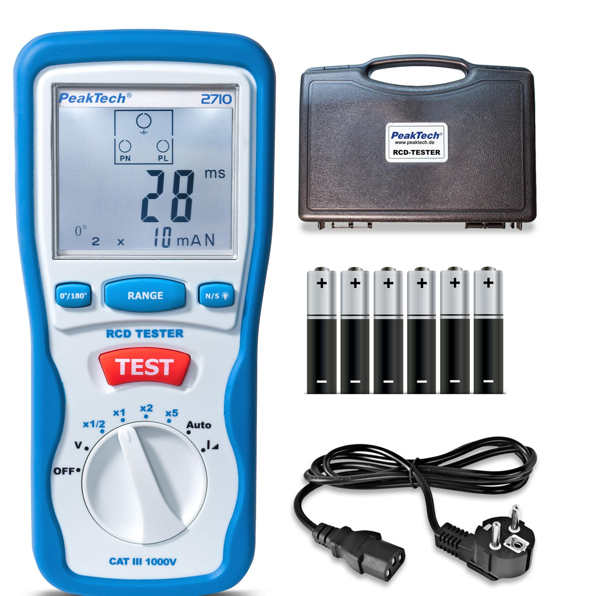 PeakTech 2710 – Probador digital de FI con pantalla LCD grande, disyuntor de corriente residual, cuchilla RCD, carcasa con doble aislamiento, voltaje de funcionamiento 230V / 50Hz - CAT III 600 V