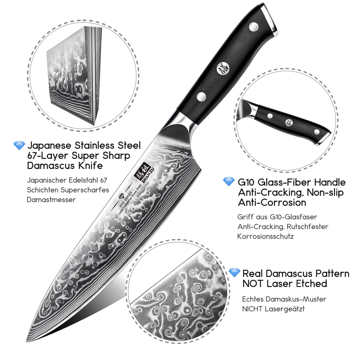 SHAN ZU 3 Piezas Juego de Cuchillo de Cocina Damasco, Set Cuchillo de Cocina Japones de Acero Damasco de 67 Capas, Cuchillo de Chef Cuchillo Santoku Cuchillo Pelador - PRO Series