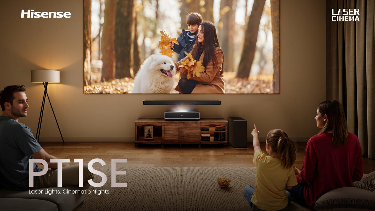 Hisense PT1SE - Proyector Laser Tricroma UHD 4K Smart TV Tiro Ultra Corto, de 80" a 150", 2300 Lumen, HDR10, Contraste Nativo 3000:1, Dolby Vision, Dolby Atmos, IMAX Enhaced, Smooth Motion, 3xHDMI 2.1