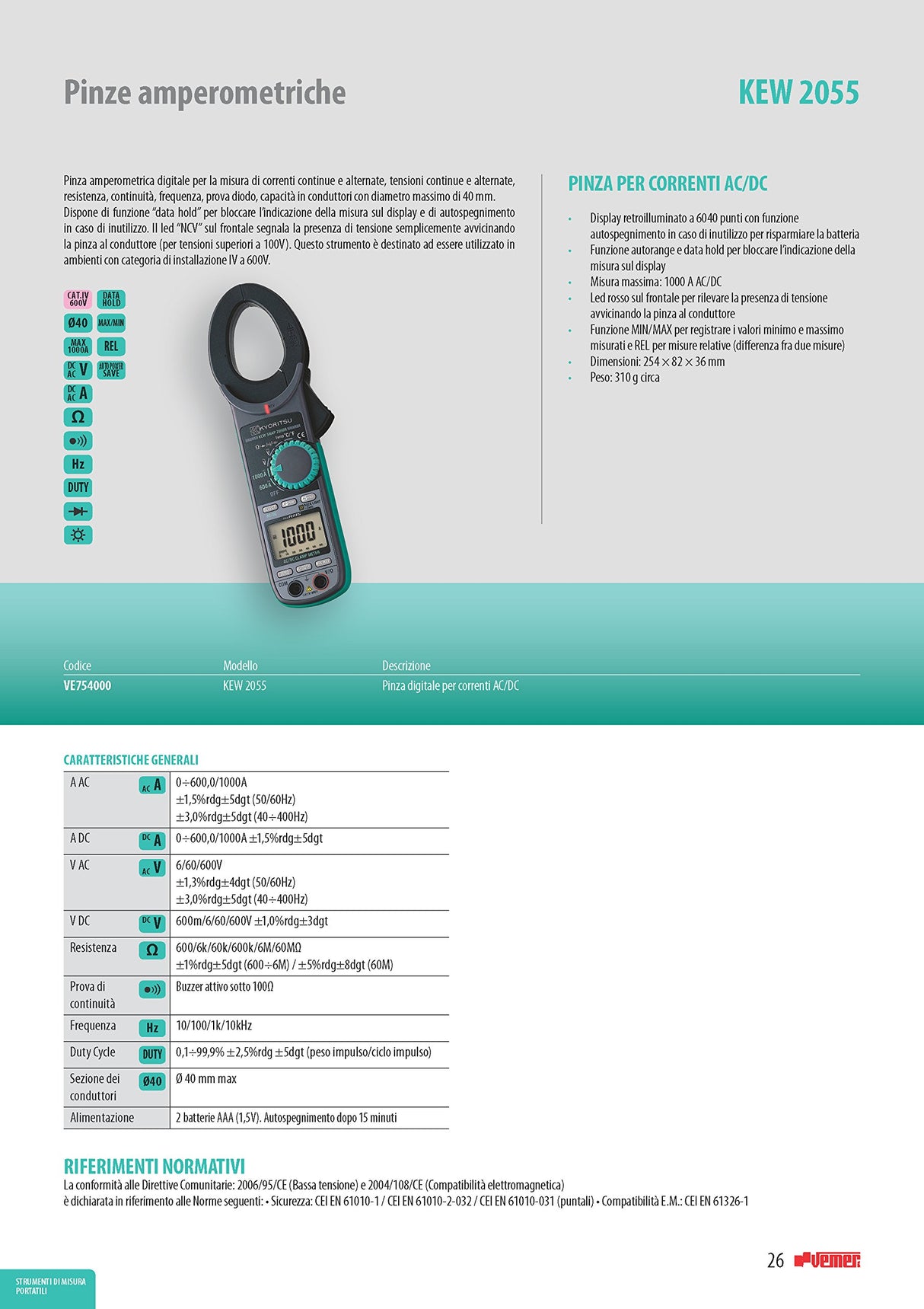 Kyoritsu Kew 2055 pinza amperimétrica digital compacta para la tamaño de corriente AC/DC, tensioni AC/DC, resistencia, continuidad, prueba diodo, frecuencia, Capacidad, Gris