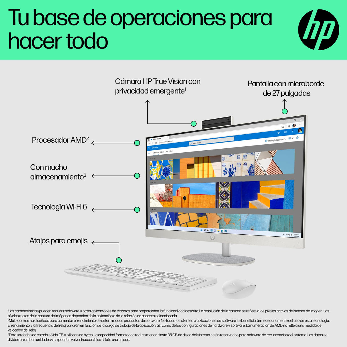HP 27-cr0005ss - Ordenador de 27" Full HD Con Cámara, Teclado y Ratón Inalámbricos (AMD Ryzen 7 7730U, 16GB RAM, 1TB SSD, AMD Radeon Graphics, Windows 11) Blanco - Teclado QWERTY Español