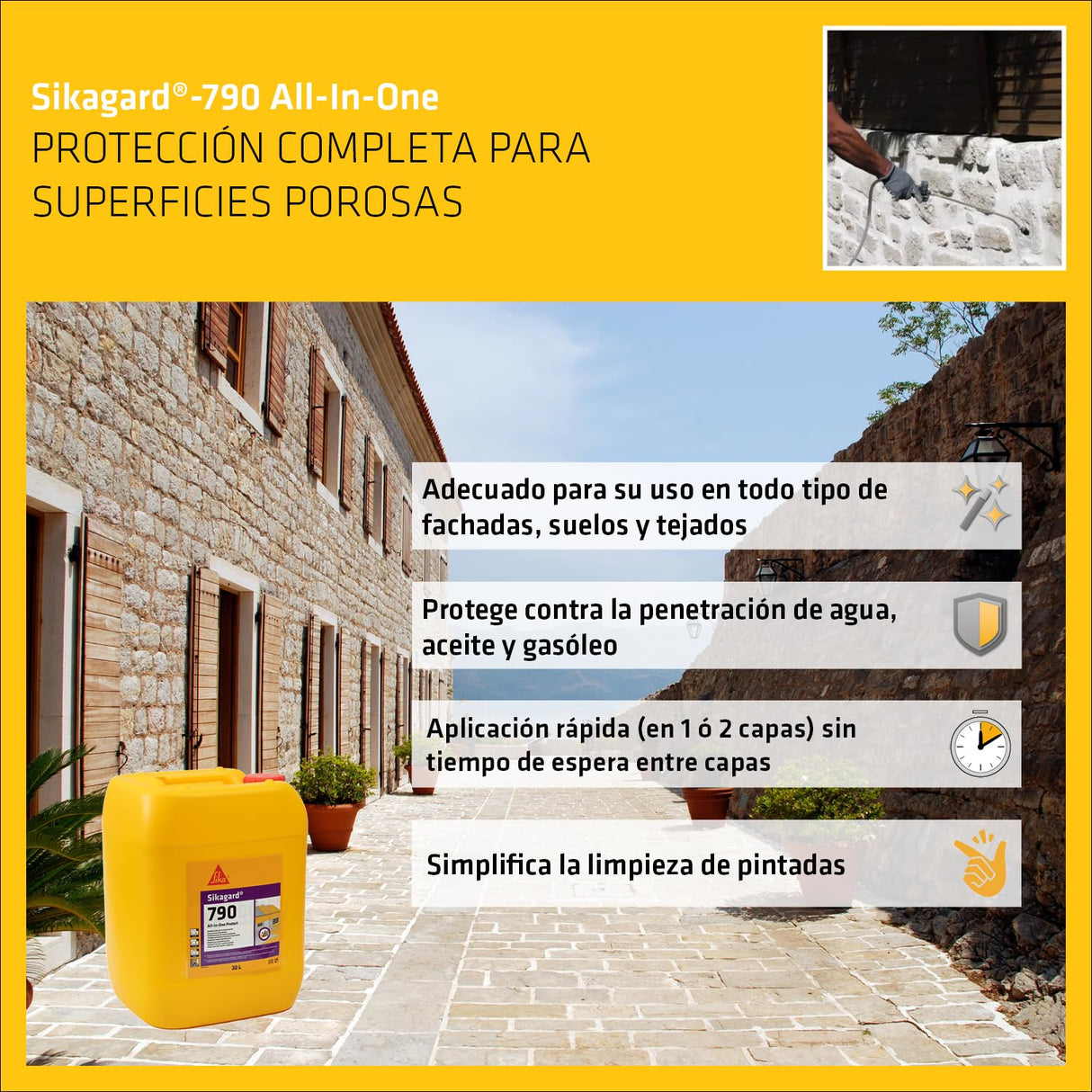 SIKA - Impregnación protectora para superficies porosas - Sikagard 790 All in One Protect - Fachadas, pavimentos y cubiertas - Interior y exterior - 20L