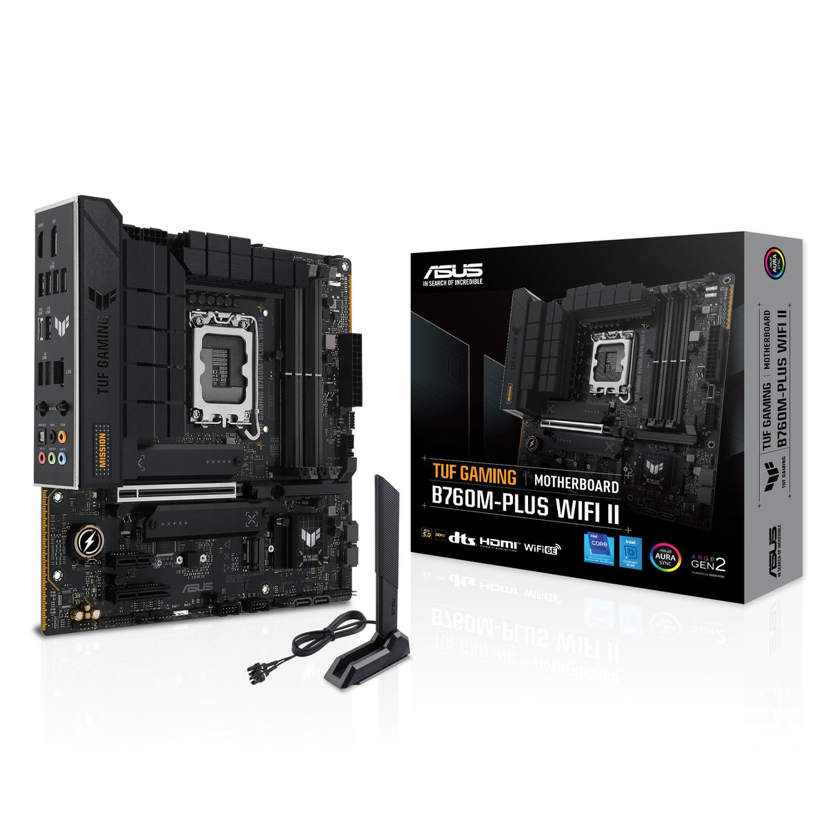 ASUS TUF Gaming B760M-PLUS WiFi II - Placa Base Intel B760 LGA 1700 mATX (PCIe 5.0, M.2, DDR5,WiFi 6E, Antena Q, Realtek 2,5 GB Ethernet, DP, HDMI, SATA 6 Gbps, USB Tipo-C, Thunderbolt 4, Aura Sync)