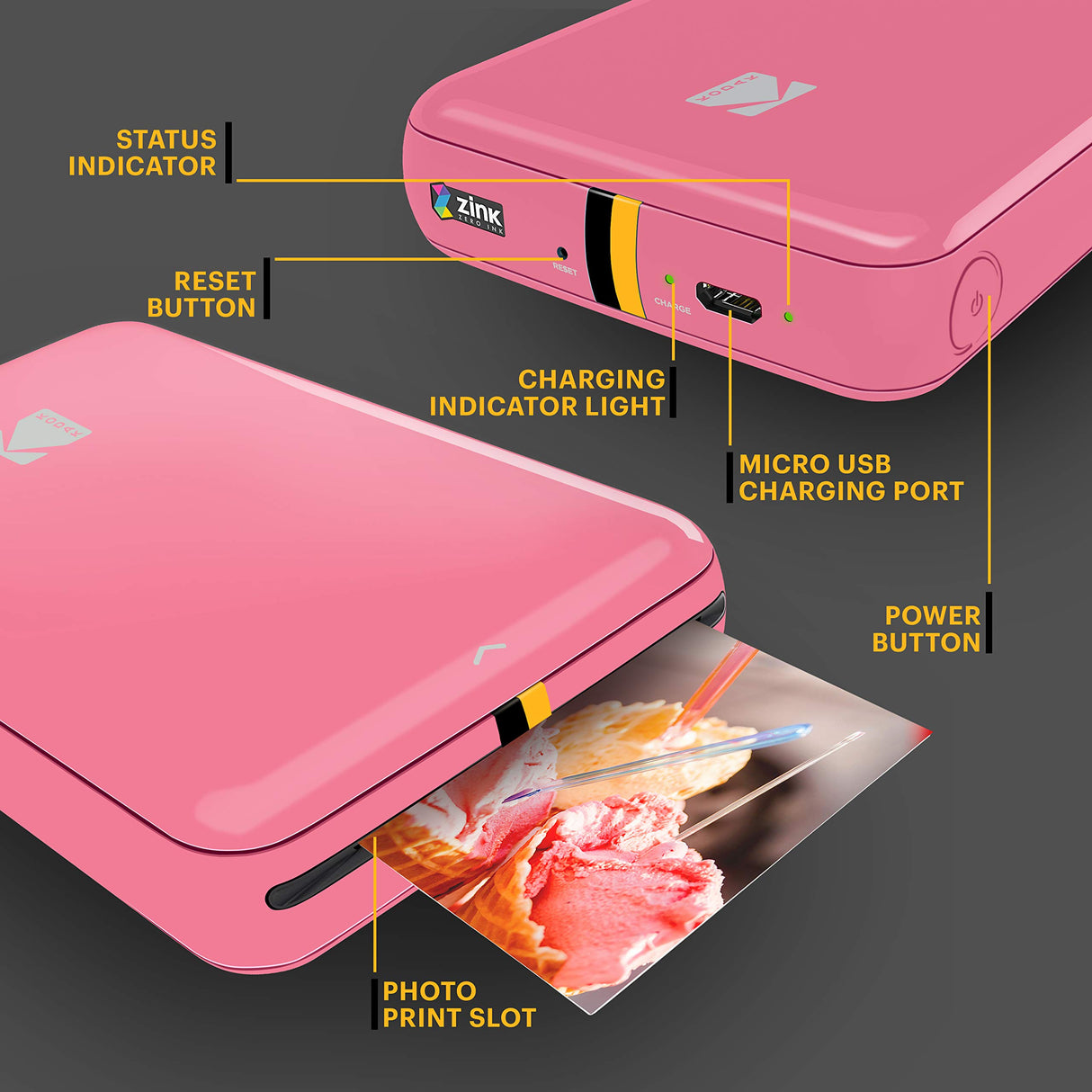 KODAK Step Impresora de fotos instantánea para smartphone - Mini portátil inalámbrica en color - Fotos adhesivas Zink 2x3” - Bluetooth compatible con iOS y Android - App de edición divertida - Rosa