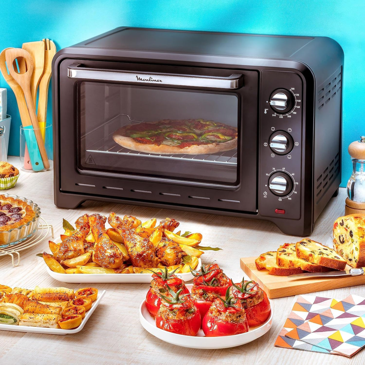 Moulinex Optimo OX495810 - Horno de Convección 60 L, 6 Modos de Cocción, Termostato hasta 240 y Temporizador hasta 120 Minutos, Bandeja de Horneado y Rejillas Reversibles, Diseño Compacto