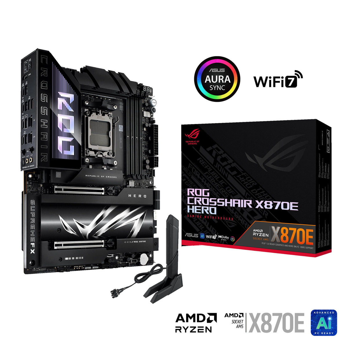 ASUS ROG Crosshair X870E Hero - Placa Base AMD ATX, 18+2+2 etapas de Potencia, DDR5, PCIe 5.0 Compatible con GPU de última generación, Cinco M.2, Wi-Fi 7, USB4, AI Overclocking