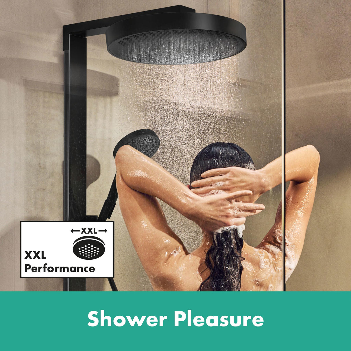 hansgrohe Rainfinity, sistema de ducha con termostato, ducha lluvia (360 mm) con grifo, ducha de mano (3 tipos de chorro), flexo, barra, ducha fija redondo (1 tipo de chorro), negro mate