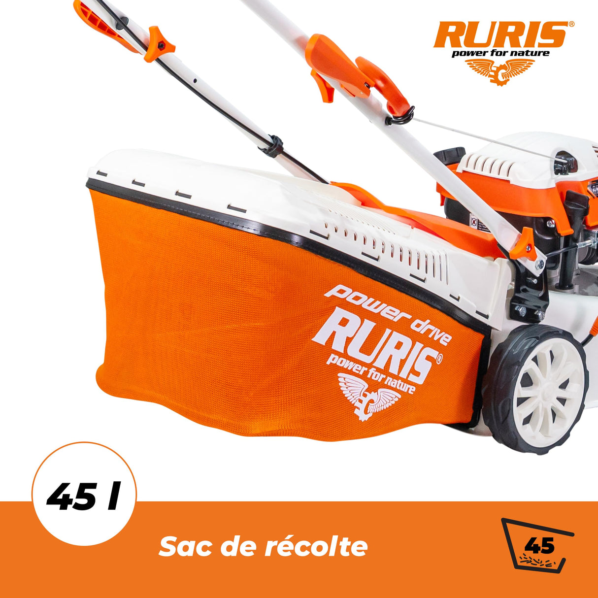 RURIS - Cortacésped térmico RX200S, 2,7 CV, 42 cm, Bolsa 45L, 3 en 1: Recogida, eyección Trasera, Mulching, chasis Acero, Altura Ajustable 25-75 mm, Naranja