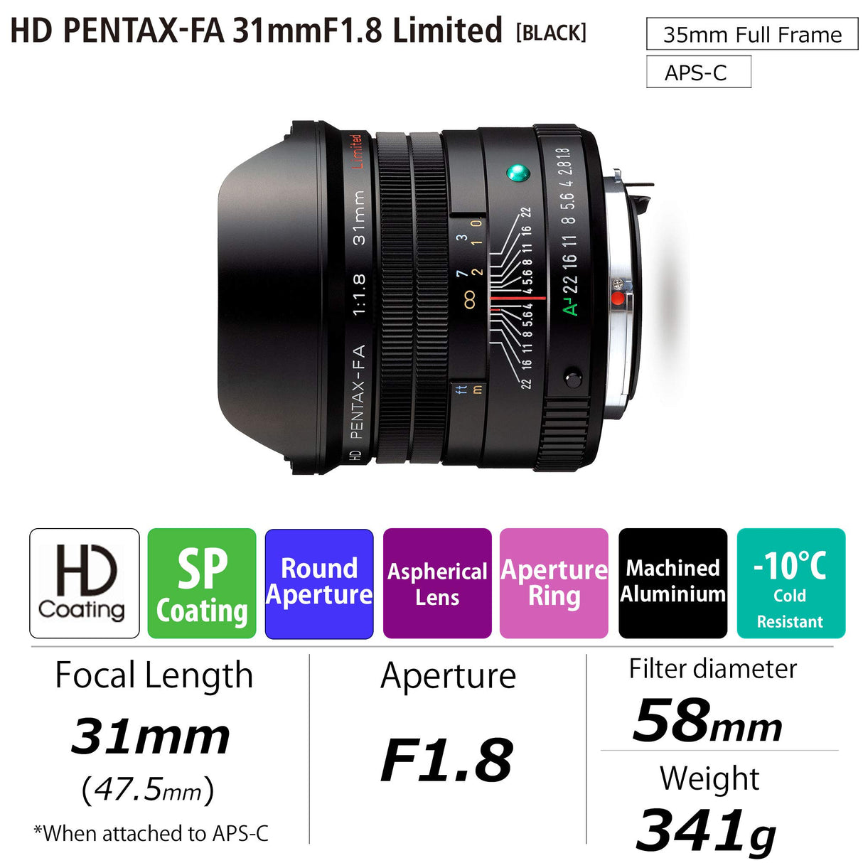 Pentax PENTAX-FA 31mmF1.8 Limited - Objetivo Gran Angular con Revestimiento HD para Sistema Pentax K con Sensor de 35 mm, Color Negro