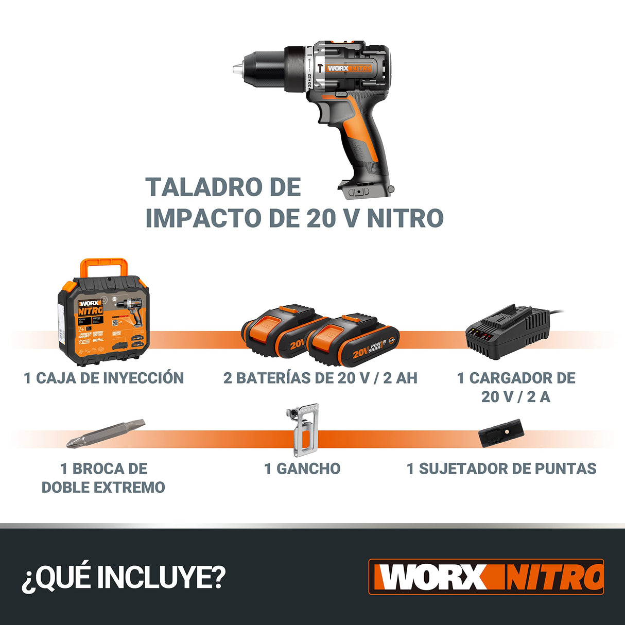 WORX Taladro Percutor a batería 20V Máx | WX352 | Motor sin escobillas | Power Share | 2 baterías de 2Ah | Cargador y maletín | Portabrocas metálico, carcasa de engranajes metálica |