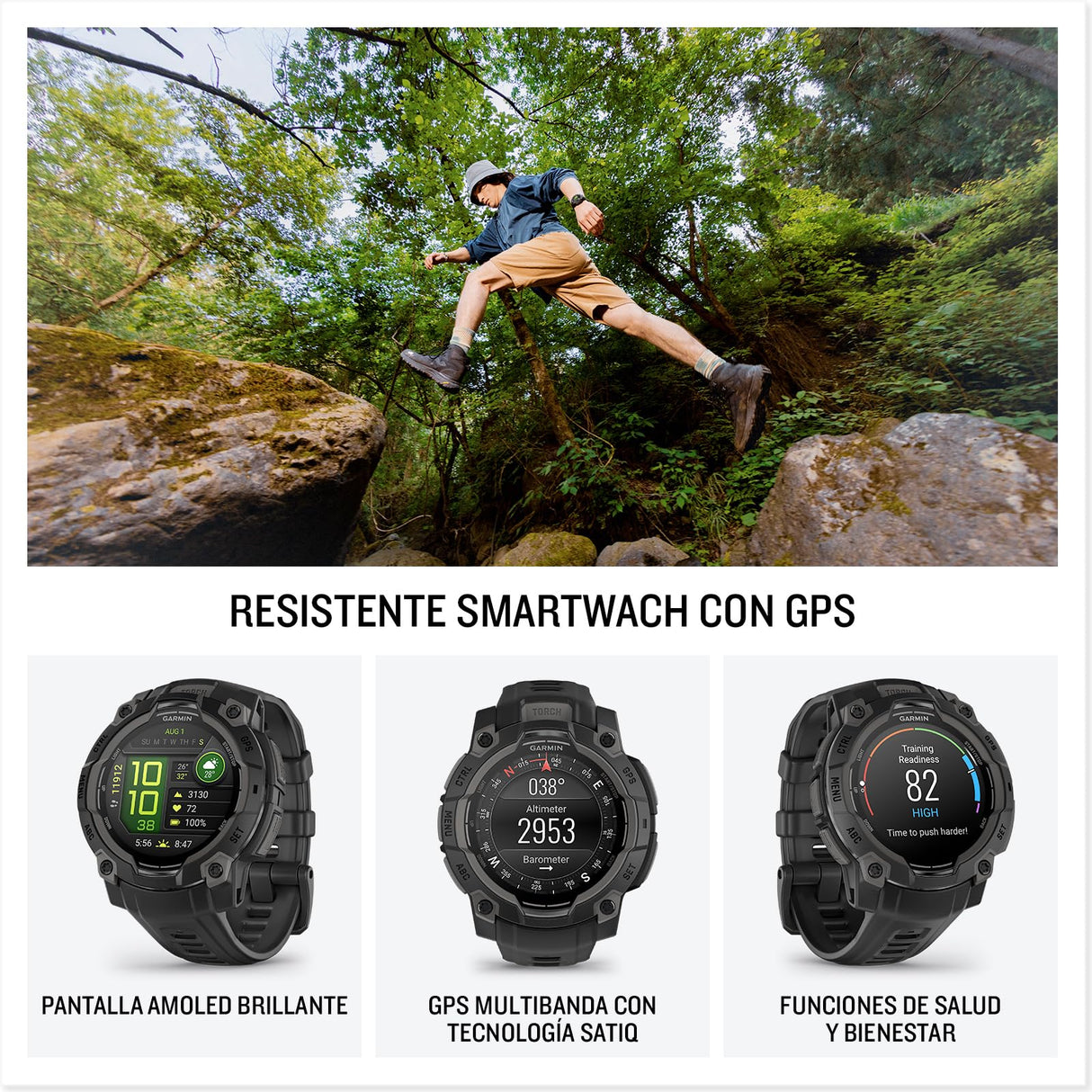 Garmin Instinct 3, Reloj inteligente con GPS, Pantalla AMOLED de 45 mm, Resistente al agua, Aplicaciones deportivas integradas, Monitorización de la salud, Linterna LED, Hasta 18 días autonomía, Negro