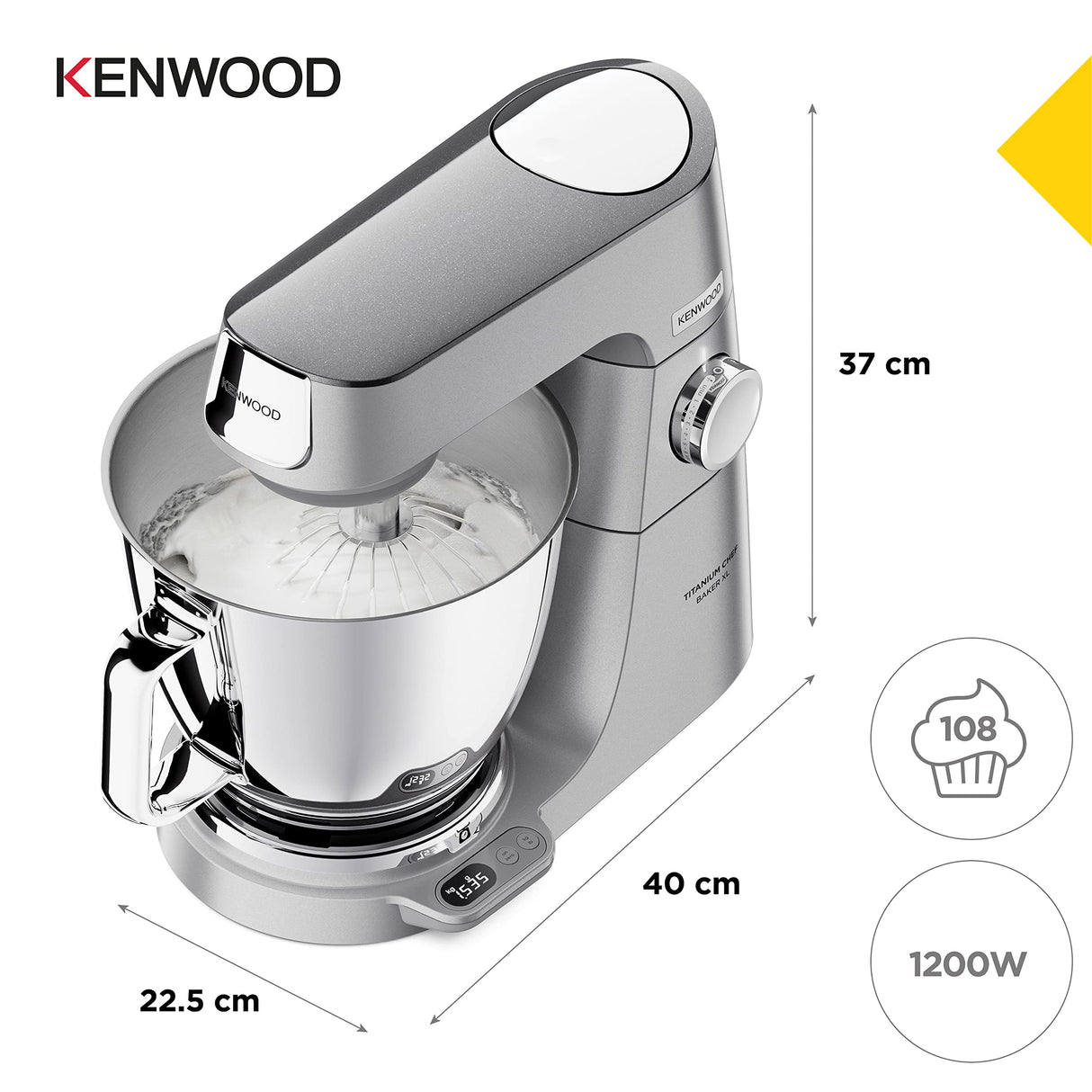Kenwood Titanium Chef Baker XL Robot de Cocina con Batidor K, Gancho de Amasar, Varillas y Bol de 6,7L, KVL85.424SI, Potencia 1500W, Plata