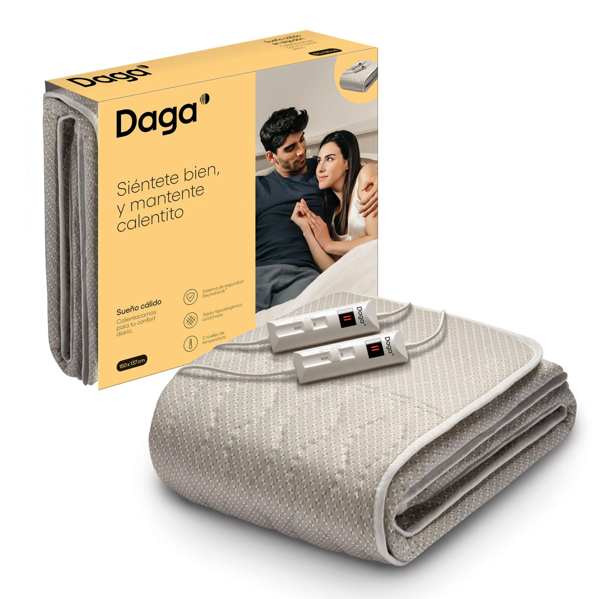 DAGA Calientacamas Doble, Sueño Cálido en tejido hipoalergénico acolchado, sistema de seguridad, 2 Niveles de Temperatura, Ahorro de consumo energético, Certificado OEKO-TEX,150x137 cm
